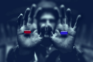 Supplements of the Future, Man with hand holding two pills one red and one blue