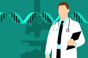 Genetic Testing, Graphic of a doctor with a genetic background of DNA strands